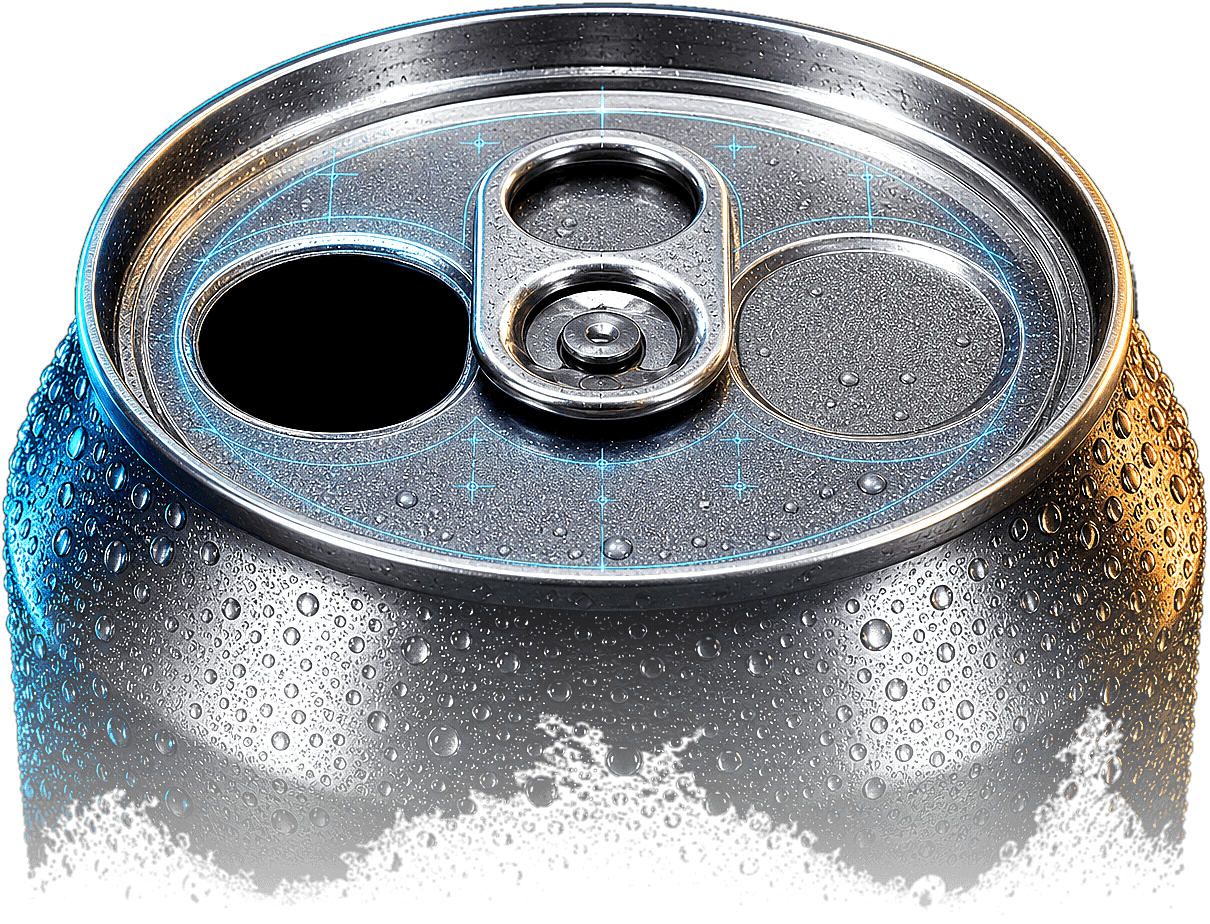 Hollywood cinematic patented dual-chamber beverage can with fixed central opener, condensation, and blueprint glow